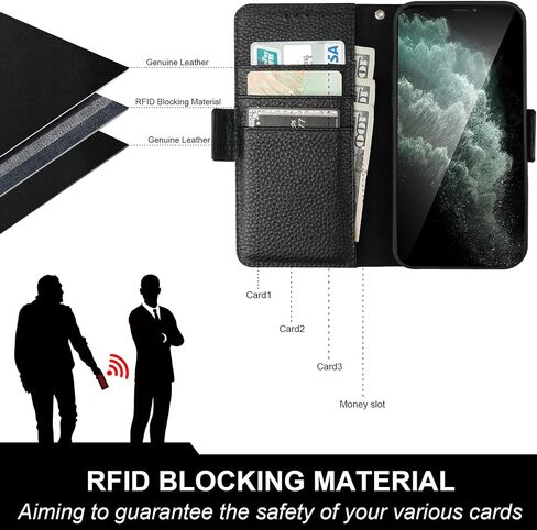Bocasal Wallet Case for iPhone 11, Genuine Leather Support Wireless Charging RFID Blocking Flip Case Card Slots Holder, Kickstand Book Folding Folio Cover with Wrist Strap 6.1 Inch (Dark Blue) in Saudi Arabia