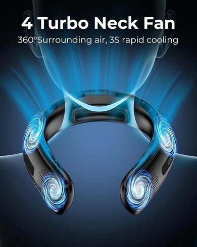 Portable Neck Fan, 4 Turbo Bladeless Neck Fan, 4000 mAh Battery Operated USB Rechargeable Personal Fan, 360° Cooling Hands Free Fan, 3 Speeds, LED Display, Wearable Fan for Office Travel Gifts in Saudi Arabia