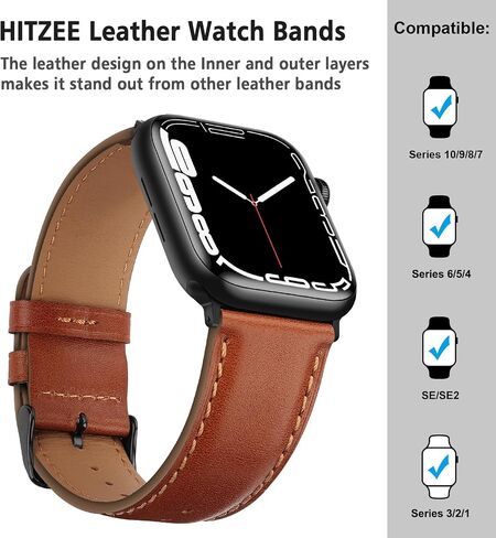 HITZEE Leather Bands Compatible with Apple Watch Band 42mm 41mm 40mm 38mm for Women Men, Genuine Leather Strap Compatible with Apple Watch SE2 SE Series 10 9 8 7 6 5 4 3 2 1, Brown in Saudi Arabia