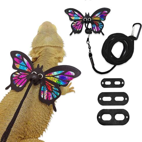 Bearded Dragon Harness Leash Set Adjustable 3PC Leather Vest Butterfly Wings Harness Lizard Outdoor Walking Control Rope for Iguana Gecko Chameleon Hamster Ferret (Rainbow) in Kuwait