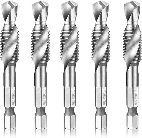 M5x0.8 Metric HSS Drill and Tap Bit Set, 1/4" Hex Shank, 5Pcs | Fast 1-Step Drilling And Tapping In Wood, Plastic And Aluminum With Self-Centering Point; Wide Flutes For Easy Chip Remova in Kuwait