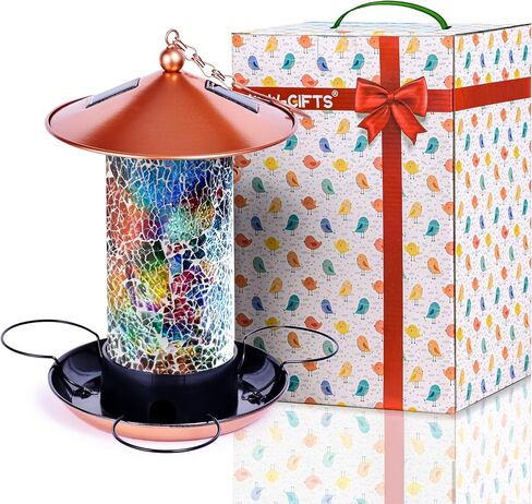 XDW-GIFTS Mosaic Solar Wild Bird Feeder, Waterproof Lantern Shape with S-Hook & 4 LED Lights, Garden Decor for Lawn, Patio, Balcony, Yard Ornament - Unique Gifts for Mom, Women, Grandma, Bird Lovers in Kuwait
