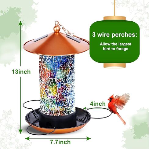 XDW-GIFTS Mosaic Solar Wild Bird Feeder, Waterproof Lantern Shape with S-Hook & 4 LED Lights, Garden Decor for Lawn, Patio, Balcony, Yard Ornament - Unique Gifts for Mom, Women, Grandma, Bird Lovers in Kuwait
