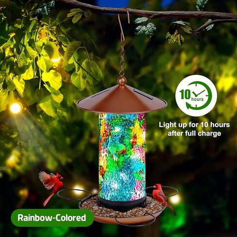 XDW-GIFTS Mosaic Solar Wild Bird Feeder, Waterproof Lantern Shape with S-Hook & 4 LED Lights, Garden Decor for Lawn, Patio, Balcony, Yard Ornament - Unique Gifts for Mom, Women, Grandma, Bird Lovers in Kuwait