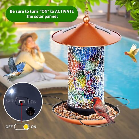 XDW-GIFTS Mosaic Solar Wild Bird Feeder, Waterproof Lantern Shape with S-Hook & 4 LED Lights, Garden Decor for Lawn, Patio, Balcony, Yard Ornament - Unique Gifts for Mom, Women, Grandma, Bird Lovers in Kuwait