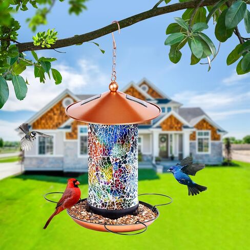 XDW-GIFTS Mosaic Solar Wild Bird Feeder, Waterproof Lantern Shape with S-Hook & 4 LED Lights, Garden Decor for Lawn, Patio, Balcony, Yard Ornament - Unique Gifts for Mom, Women, Grandma, Bird Lovers in Kuwait