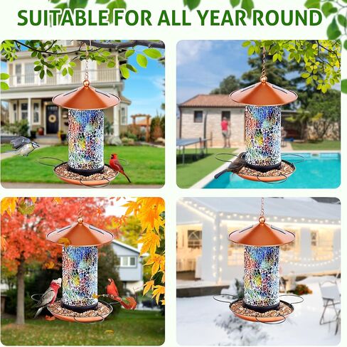 XDW-GIFTS Mosaic Solar Wild Bird Feeder, Waterproof Lantern Shape with S-Hook & 4 LED Lights, Garden Decor for Lawn, Patio, Balcony, Yard Ornament - Unique Gifts for Mom, Women, Grandma, Bird Lovers in Kuwait