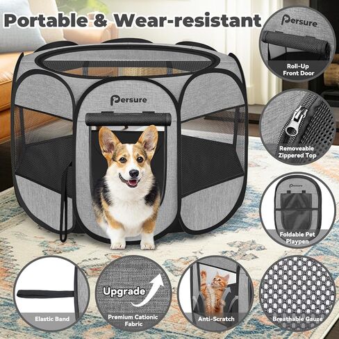 Dog Cat Playpen Indoor Outdoor for Puppy Pet Dogs Cat Recovery After Surgery, Dog Tent Crates Cage Indoor/Outdoor, Portable Pop Up Kennel with Carrying Case for Travel (Grey with Pad, Medium) in Kuwait