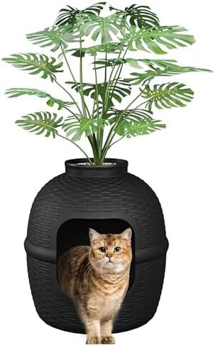 Hidden Litter Box with Faux Plant, Large Cat Litter Box with Rattan Pattern, Heavy Duty PP Material Litter Box Enclosure Furniture for Home Decor, Black in Kuwait