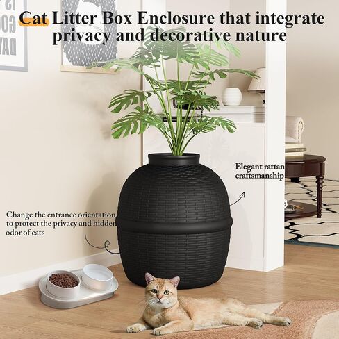 Hidden Litter Box with Faux Plant, Large Cat Litter Box with Rattan Pattern, Heavy Duty PP Material Litter Box Enclosure Furniture for Home Decor, Black in Kuwait