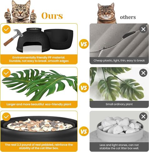 Hidden Litter Box with Faux Plant, Large Cat Litter Box with Rattan Pattern, Heavy Duty PP Material Litter Box Enclosure Furniture for Home Decor, Black in Kuwait