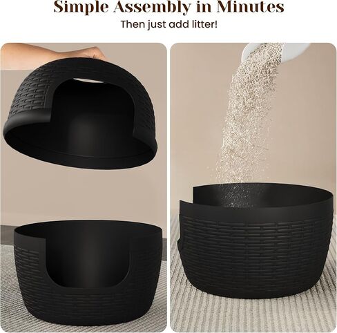 Hidden Litter Box with Faux Plant, Large Cat Litter Box with Rattan Pattern, Heavy Duty PP Material Litter Box Enclosure Furniture for Home Decor, Black in Kuwait