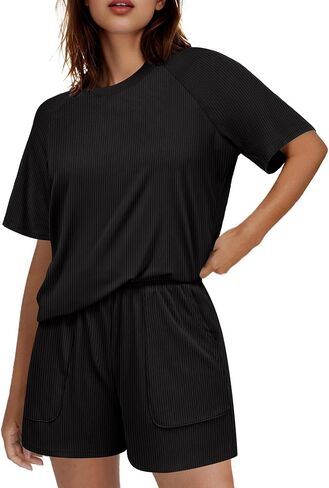 Ekouaer Women Pajama مجموعات متماسكة مضلعة 2 قطعة صالة مجموعة قصيرة الأكمام PJS صيف الملابس ملابس الملابس مع جيوب in Saudi Arabia