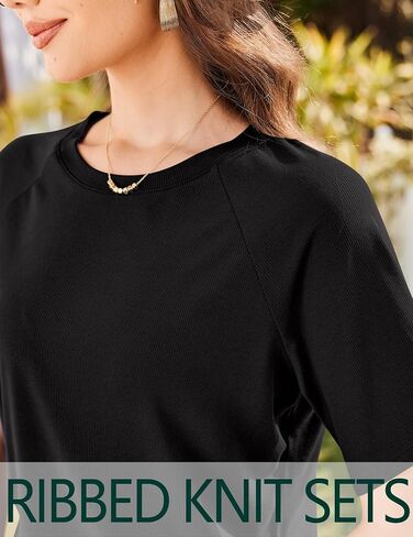 Ekouaer Women Pajama مجموعات متماسكة مضلعة 2 قطعة صالة مجموعة قصيرة الأكمام PJS صيف الملابس ملابس الملابس مع جيوب in Saudi Arabia