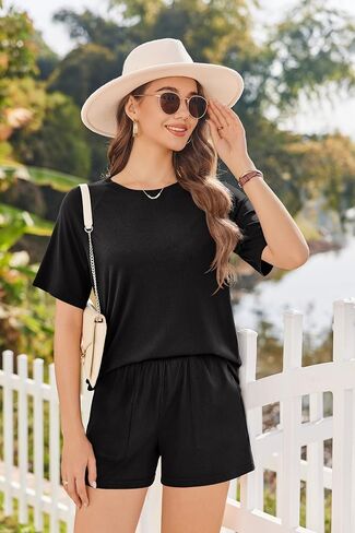 Ekouaer Women Pajama مجموعات متماسكة مضلعة 2 قطعة صالة مجموعة قصيرة الأكمام PJS صيف الملابس ملابس الملابس مع جيوب in Saudi Arabia