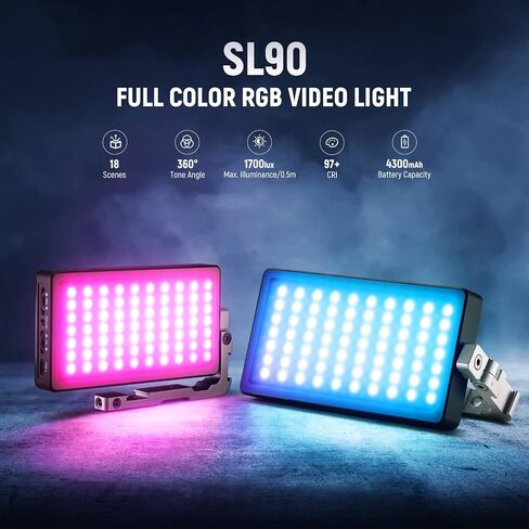 NEEWER RGB Video Light، SL90 12W 4300mAh Battery 360° Full Color 18 Light Scenes، 2500~10000K CRI97+ على لوحة إضاءة الكاميرا جسم من سبائك الألومنيوم، التطبيق والتحكم 2.4G لـ YouTube/TikTok/Vlog/التصوير الفوتوغرافي in Kuwait