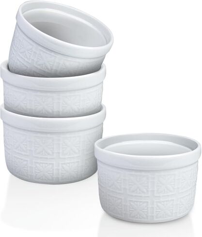Maison Neuve 4pc Oven Safe Ramekin Set ، 8 أوقية ، بيضاء منقوشة بتصميم محكم ، أطباق صغيرة ، أطباق الخبز السيراميك ، مثالية ل soufflés ، الانخفاضات ، الصلصات ، والحلويات ، وأسلوب قوس قزح in Kuwait