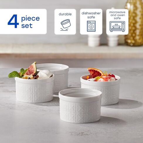 Maison Neuve 4pc Oven Safe Ramekin Set ، 8 أوقية ، بيضاء منقوشة بتصميم محكم ، أطباق صغيرة ، أطباق الخبز السيراميك ، مثالية ل soufflés ، الانخفاضات ، الصلصات ، والحلويات ، وأسلوب قوس قزح in Kuwait