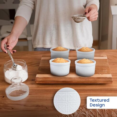 Maison Neuve 4pc Oven Safe Ramekin Set ، 8 أوقية ، بيضاء منقوشة بتصميم محكم ، أطباق صغيرة ، أطباق الخبز السيراميك ، مثالية ل soufflés ، الانخفاضات ، الصلصات ، والحلويات ، وأسلوب قوس قزح in Kuwait