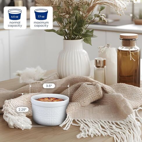 Maison Neuve 4pc Oven Safe Ramekin Set ، 8 أوقية ، بيضاء منقوشة بتصميم محكم ، أطباق صغيرة ، أطباق الخبز السيراميك ، مثالية ل soufflés ، الانخفاضات ، الصلصات ، والحلويات ، وأسلوب قوس قزح in Kuwait