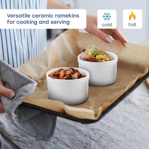 Maison Neuve 4pc Oven Safe Ramekin Set ، 8 أوقية ، بيضاء منقوشة بتصميم محكم ، أطباق صغيرة ، أطباق الخبز السيراميك ، مثالية ل soufflés ، الانخفاضات ، الصلصات ، والحلويات ، وأسلوب قوس قزح in Kuwait