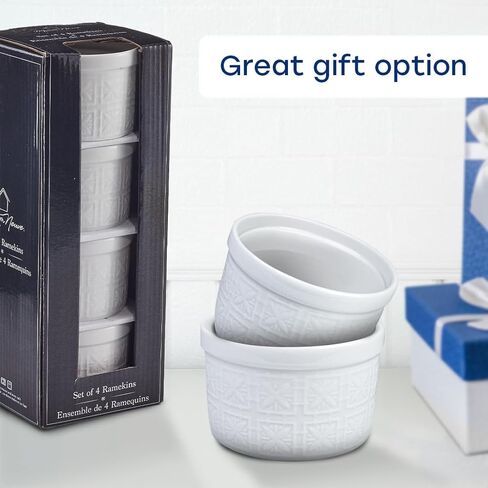 Maison Neuve 4pc Oven Safe Ramekin Set ، 8 أوقية ، بيضاء منقوشة بتصميم محكم ، أطباق صغيرة ، أطباق الخبز السيراميك ، مثالية ل soufflés ، الانخفاضات ، الصلصات ، والحلويات ، وأسلوب قوس قزح in Kuwait