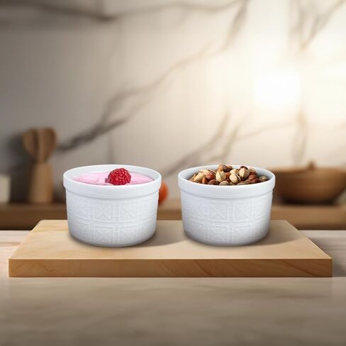 Maison Neuve 4pc Oven Safe Ramekin Set ، 8 أوقية ، بيضاء منقوشة بتصميم محكم ، أطباق صغيرة ، أطباق الخبز السيراميك ، مثالية ل soufflés ، الانخفاضات ، الصلصات ، والحلويات ، وأسلوب قوس قزح in Kuwait