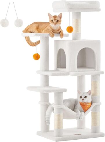 Feandrea Cat Tree, 61-Inch Cat Tower for Indoor Cats, Plush Multi-Level Cat Condo with 5 Scratching Posts, 2 Perches, 2 Caves, Hammock, 2 Pompoms, Light Gray UPCT192W01 in Saudi Arabia