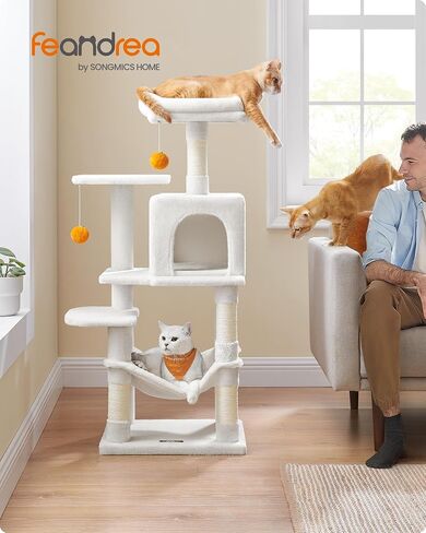 Feandrea Cat Tree, 61-Inch Cat Tower for Indoor Cats, Plush Multi-Level Cat Condo with 5 Scratching Posts, 2 Perches, 2 Caves, Hammock, 2 Pompoms, Light Gray UPCT192W01 in Saudi Arabia