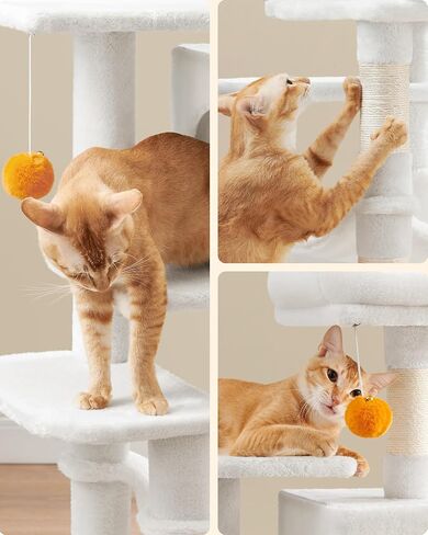 Feandrea Cat Tree, 61-Inch Cat Tower for Indoor Cats, Plush Multi-Level Cat Condo with 5 Scratching Posts, 2 Perches, 2 Caves, Hammock, 2 Pompoms, Light Gray UPCT192W01 in Saudi Arabia