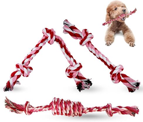 Puppy 3 Pack Cotton Knot Rope Toys for Small Dogs & Puppies, Durable Teething & Tug of War Chew Toy, Safe Interactive Toy for 2-8 Months Pets and High Active Puppy (Pink, Small) in Kuwait