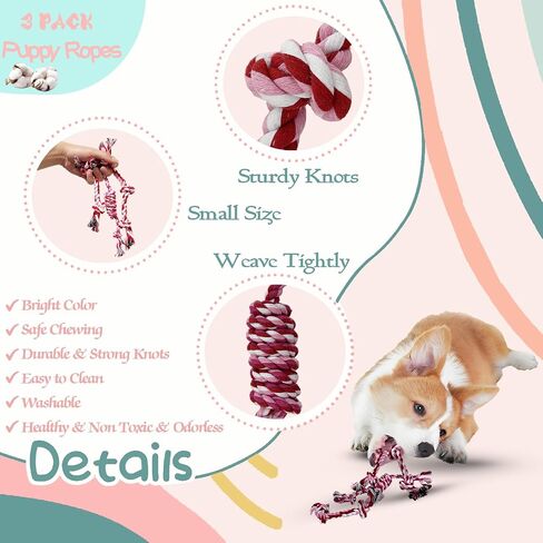 Puppy 3 Pack Cotton Knot Rope Toys for Small Dogs & Puppies, Durable Teething & Tug of War Chew Toy, Safe Interactive Toy for 2-8 Months Pets and High Active Puppy (Pink, Small) in Kuwait