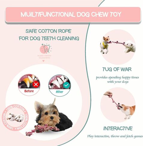 Puppy 3 Pack Cotton Knot Rope Toys for Small Dogs & Puppies, Durable Teething & Tug of War Chew Toy, Safe Interactive Toy for 2-8 Months Pets and High Active Puppy (Pink, Small) in Kuwait