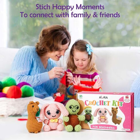 A-URA Learn to Crochet Kit for Beginners Kids and Adults, 4 Pattern Beginner Crochet Animal kit with Step-by-Step Video Tutorials, Crocheting Amigurumi Starter Knitting Kits: Yarns, Hook, Accessories in Saudi Arabia