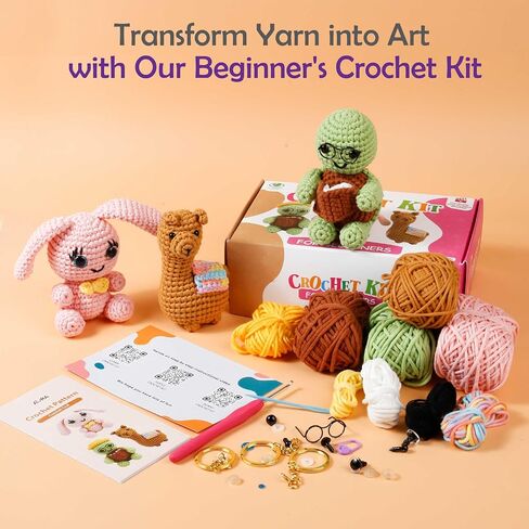 A-URA Learn to Crochet Kit for Beginners Kids and Adults, 4 Pattern Beginner Crochet Animal kit with Step-by-Step Video Tutorials, Crocheting Amigurumi Starter Knitting Kits: Yarns, Hook, Accessories in Saudi Arabia