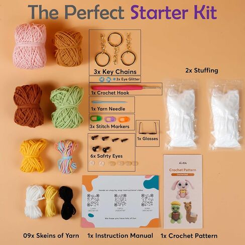 A-URA Learn to Crochet Kit for Beginners Kids and Adults, 4 Pattern Beginner Crochet Animal kit with Step-by-Step Video Tutorials, Crocheting Amigurumi Starter Knitting Kits: Yarns, Hook, Accessories in Saudi Arabia