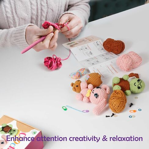 A-URA Learn to Crochet Kit for Beginners Kids and Adults, 4 Pattern Beginner Crochet Animal kit with Step-by-Step Video Tutorials, Crocheting Amigurumi Starter Knitting Kits: Yarns, Hook, Accessories in Saudi Arabia