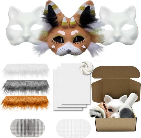 Therian Mask Kit with Fur & Eye Mesk and Felt Sheet,Cat Mask All-in-One to Paint, Blank White Mask for Cosplay Christmas in Saudi Arabia