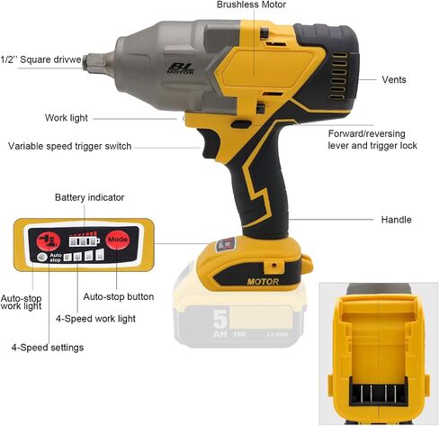 FSYAO 1100 ft-lbs(1500Nm) maximum torque, 20V 1/2 inch cordless impact wrench-brushless, 4-speed adjustment, automatic start and stop.(Host only/Without battery). in Kuwait