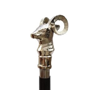 Vintage Engraved Rams Head Walking Cane - Premium Wooden Handmade Foldable Steampunk Walking Stick With Silver Brass Goat Head Handle - Victorian Designer Walking Stick For Senior/Men/Women.