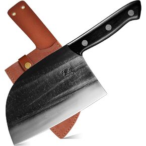 ENOKING Serbian Chef Knife 6.7 Inch, Handmade Professional Meat Cleaver Knife with Leather Sheath, High-Carbon Clad Steel Butcher Knife with Full Tang Handle for Kitchen, Camping, BBQ