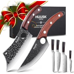 Huusk Meat Cleaver Knife, Hand Forged Butcher Knife for Meat Cutting, Full Tang Viking Knife with Sheath, Japanese Chef Knives for Kitchen, Outdoor Cooking, Camping, BBQ, Gift for Man and Women