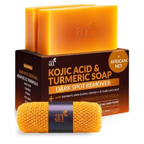 Artnaturals kojic acid soap + الإسفنج الشبكي الإفريقي (2 حزمة × 142 جرام قضبان الكركم) مزيل الندوب الداكن - فيتامين C الياباني الأصلي ، حمض الهيالورونيك ، الريتينول ، زبدة شيا (الحمضيات)