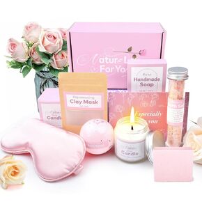 Handmade Spa Gift for Her, Body Bath Gift Kit for Mother's Day, Basket Handmade Skin Care Sets Home Spa Set Natural for Women,Relaxing Birthday Gifts for Women including Handmade Soap, Bath Bomb, Bath Salt (Lavender 7pcs)