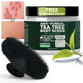 Body Scrub | Tea Tree Oil Scrub with Manuka Honey and Salicylic Acid | Fights Jock Itch, Acne, Rashes & Body Odor | Anti Fungal Natural Body Exfoliator for Men and Women with Free Scrubber Brush