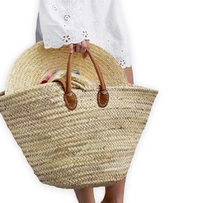 FRENCH BASKET with double flat leather handles, straw bag, beach bag, basket bag, shopping basket, wicker basket with handle, straw market basket