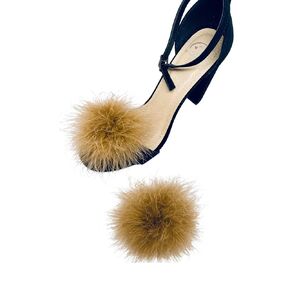 Detachable TAN BEIGE Feather Pom Pom Shoe Clips Set of 2
