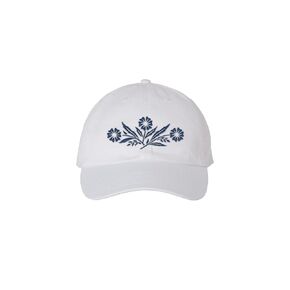 Corning Cornflower Design White Embroidered Dad Hat with Royal Blue Thread