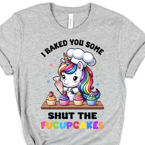 Funny Unicorn Shut the Fucupcakes T-Shirt, Cute Chef Design, Colorful Graphic Tee for Women, Comfy Cotton Blend, Quirky Novelty Shirt, Gift for Humor Lovers (Large, Light Heather Grey)