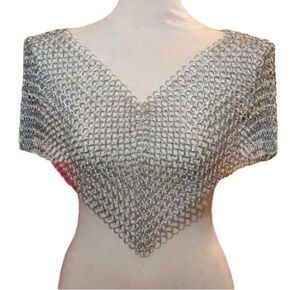 Aluminum chainmail V-neck top for women. Lightweight, anodized crop top with medieval flair. Stylish V-cut chainmail shirt for festivals & cosplay.